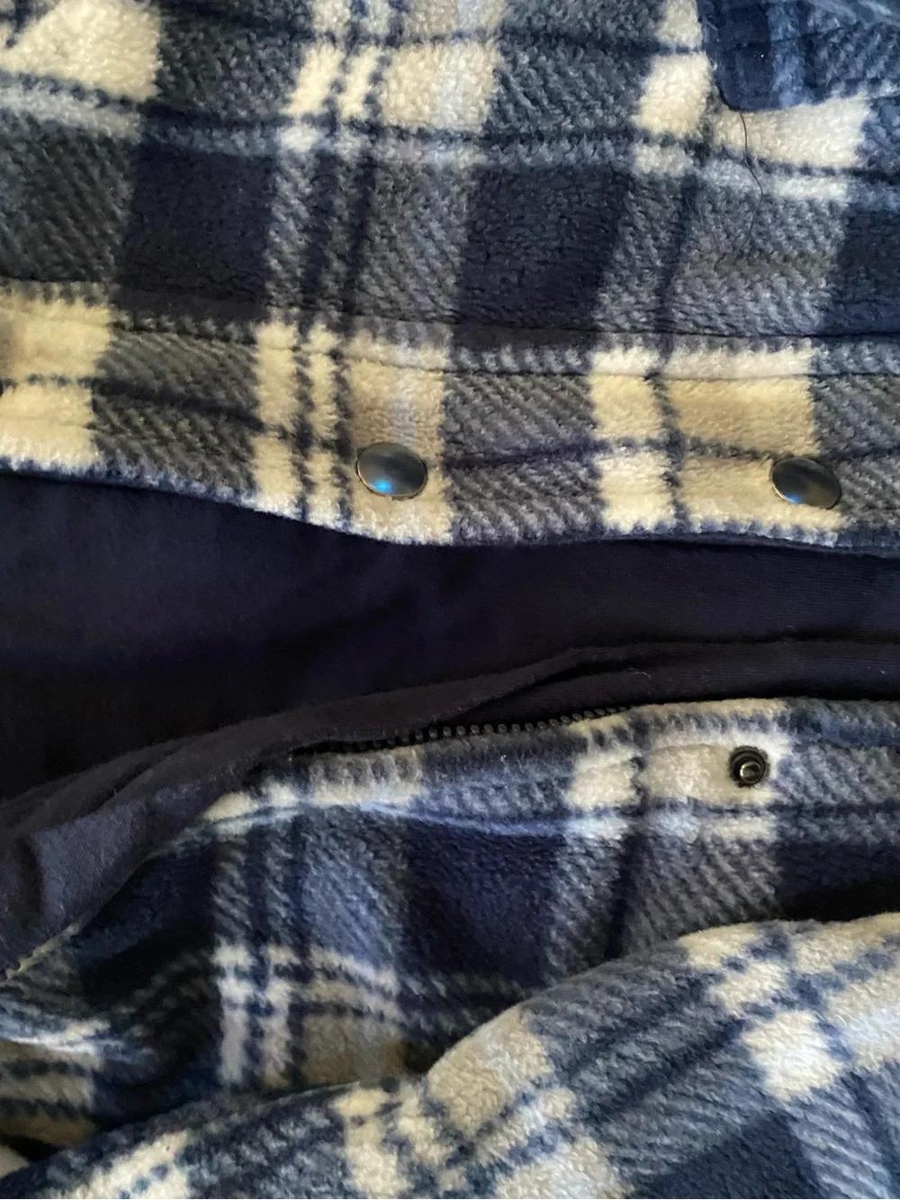 12M First Impressions Navy and White Plaid Hooded Footed One-Piece Fleece jacket
